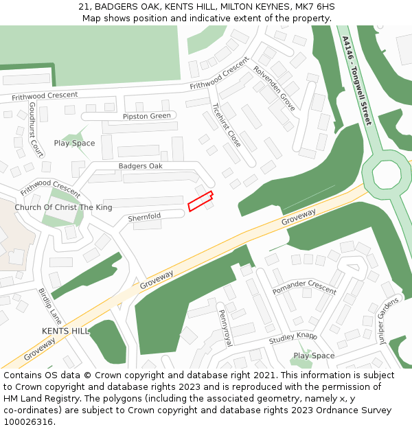 21, BADGERS OAK, KENTS HILL, MILTON KEYNES, MK7 6HS: Location map and indicative extent of plot