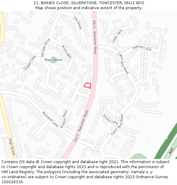 21, BAINES CLOSE, SILVERSTONE, TOWCESTER, NN12 8DG: Location map and indicative extent of plot