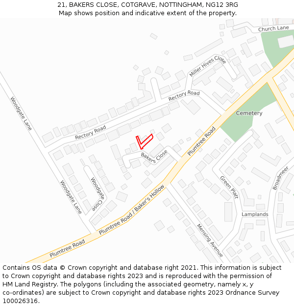 21, BAKERS CLOSE, COTGRAVE, NOTTINGHAM, NG12 3RG: Location map and indicative extent of plot