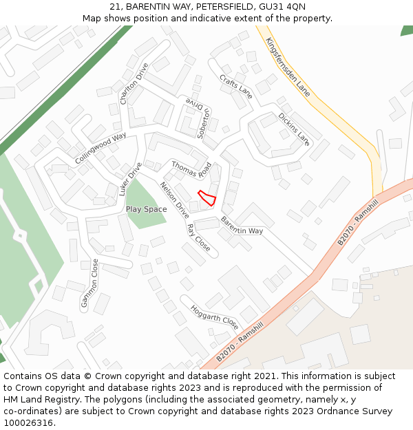 21, BARENTIN WAY, PETERSFIELD, GU31 4QN: Location map and indicative extent of plot