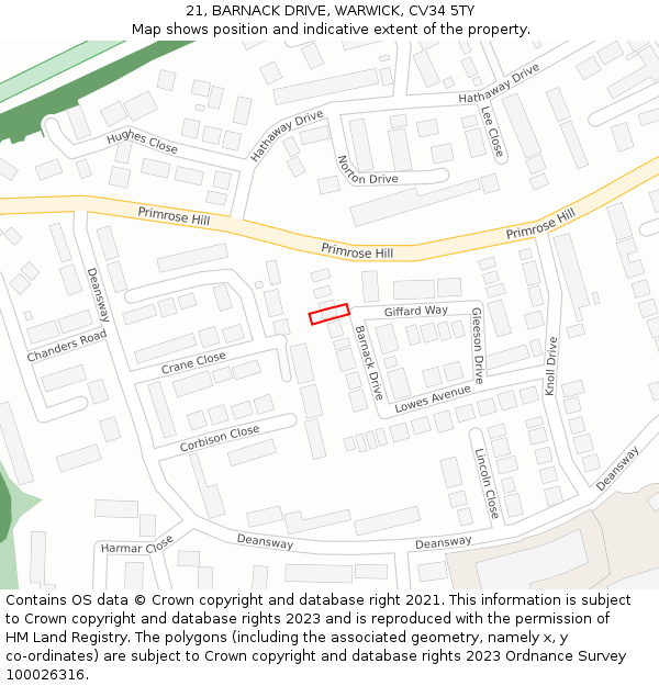 21, BARNACK DRIVE, WARWICK, CV34 5TY: Location map and indicative extent of plot