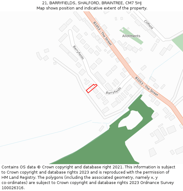 21, BARRYFIELDS, SHALFORD, BRAINTREE, CM7 5HJ: Location map and indicative extent of plot