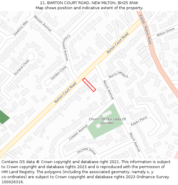 21, BARTON COURT ROAD, NEW MILTON, BH25 6NW: Location map and indicative extent of plot