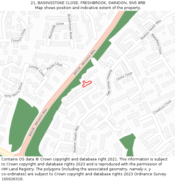 21, BASINGSTOKE CLOSE, FRESHBROOK, SWINDON, SN5 8RB: Location map and indicative extent of plot