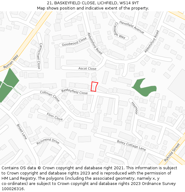 21, BASKEYFIELD CLOSE, LICHFIELD, WS14 9YT: Location map and indicative extent of plot