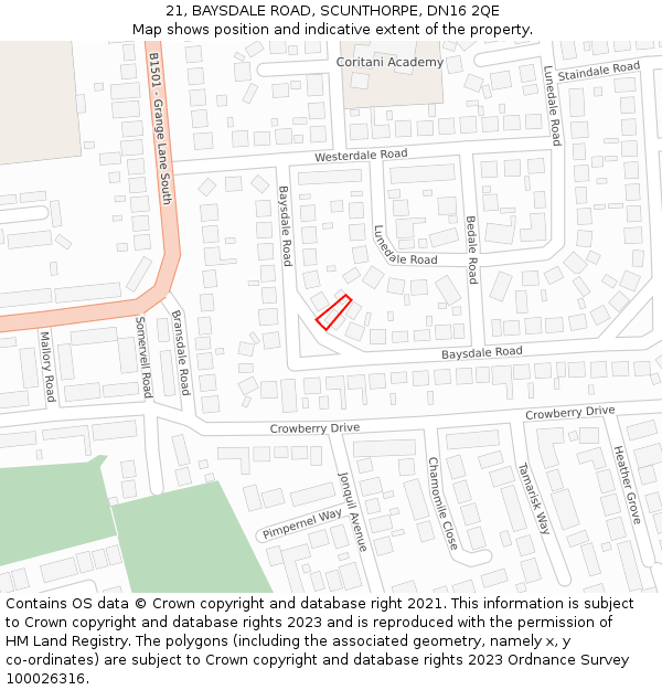 21, BAYSDALE ROAD, SCUNTHORPE, DN16 2QE: Location map and indicative extent of plot