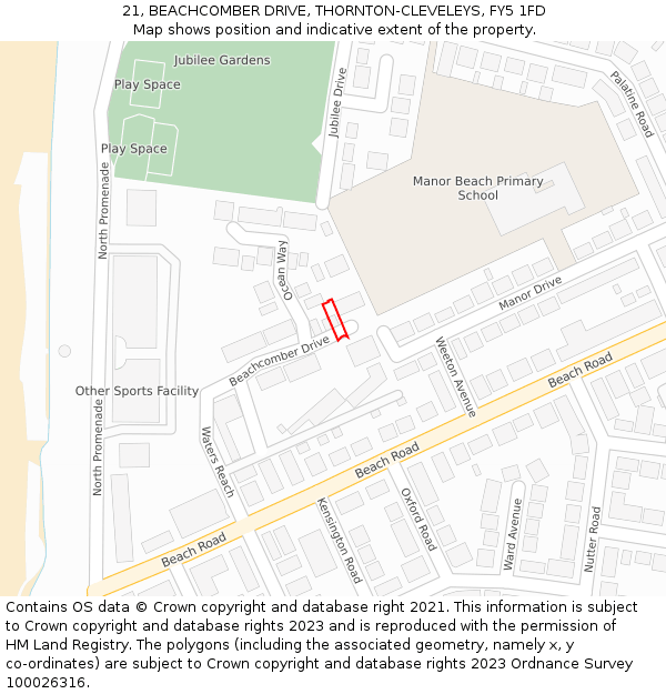 21, BEACHCOMBER DRIVE, THORNTON-CLEVELEYS, FY5 1FD: Location map and indicative extent of plot