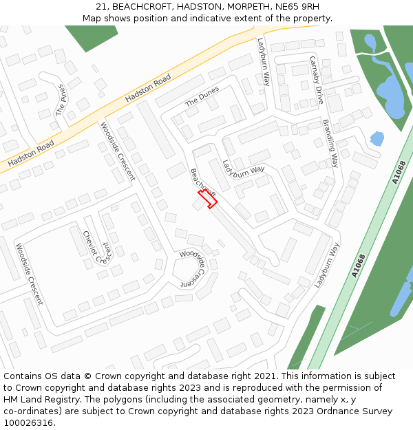 21, BEACHCROFT, HADSTON, MORPETH, NE65 9RH: Location map and indicative extent of plot