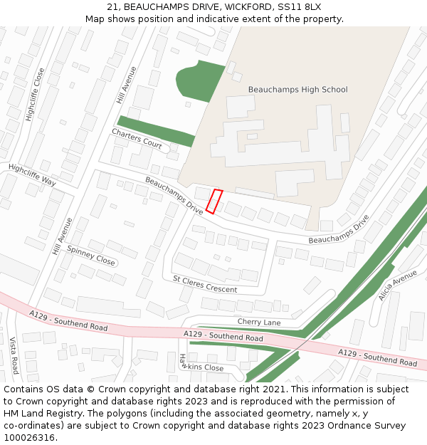 21, BEAUCHAMPS DRIVE, WICKFORD, SS11 8LX: Location map and indicative extent of plot