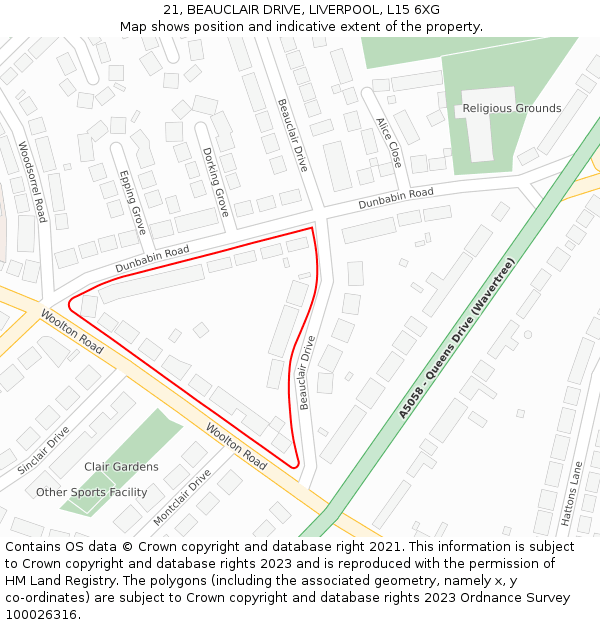 21, BEAUCLAIR DRIVE, LIVERPOOL, L15 6XG: Location map and indicative extent of plot