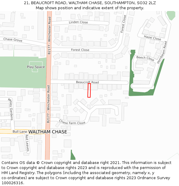 21, BEAUCROFT ROAD, WALTHAM CHASE, SOUTHAMPTON, SO32 2LZ: Location map and indicative extent of plot