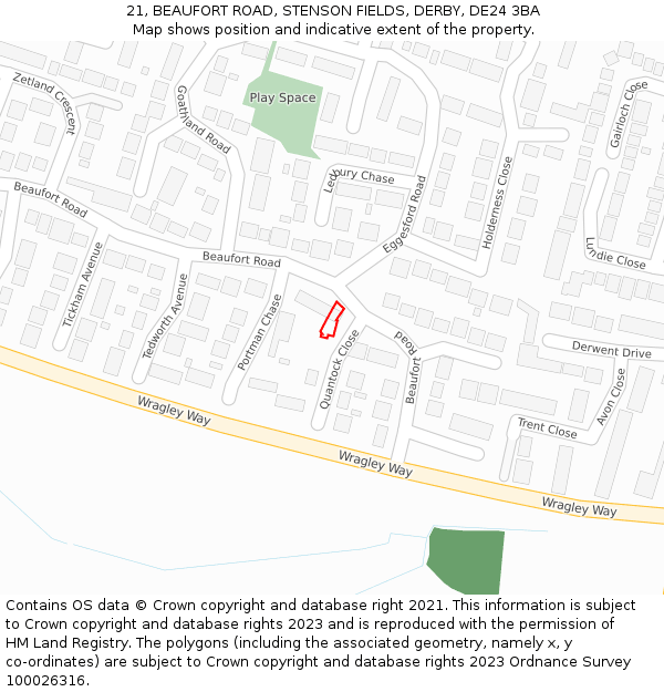 21, BEAUFORT ROAD, STENSON FIELDS, DERBY, DE24 3BA: Location map and indicative extent of plot