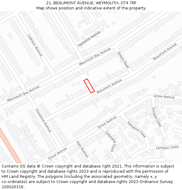 21, BEAUMONT AVENUE, WEYMOUTH, DT4 7RF: Location map and indicative extent of plot