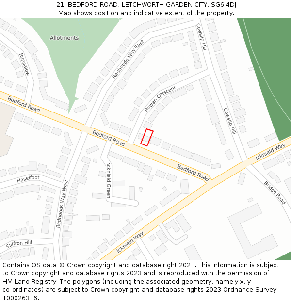 21, BEDFORD ROAD, LETCHWORTH GARDEN CITY, SG6 4DJ: Location map and indicative extent of plot