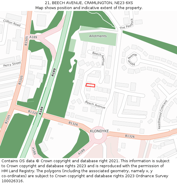 21, BEECH AVENUE, CRAMLINGTON, NE23 6XS: Location map and indicative extent of plot