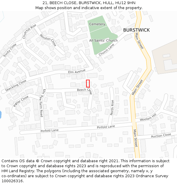 21, BEECH CLOSE, BURSTWICK, HULL, HU12 9HN: Location map and indicative extent of plot