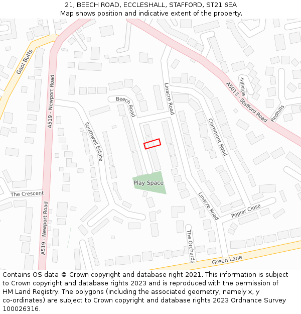 21, BEECH ROAD, ECCLESHALL, STAFFORD, ST21 6EA: Location map and indicative extent of plot