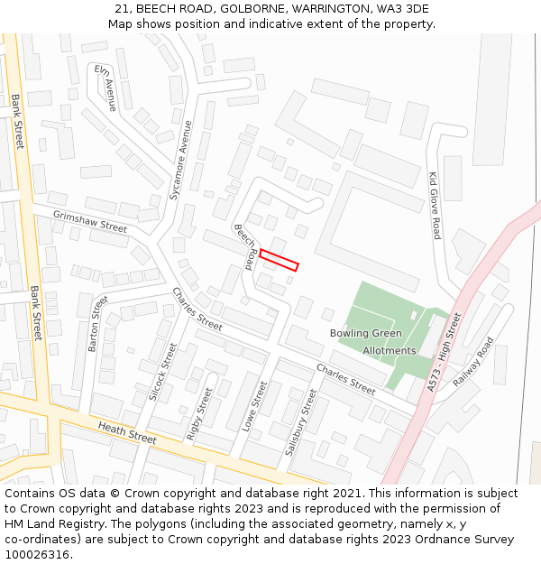 21, BEECH ROAD, GOLBORNE, WARRINGTON, WA3 3DE: Location map and indicative extent of plot