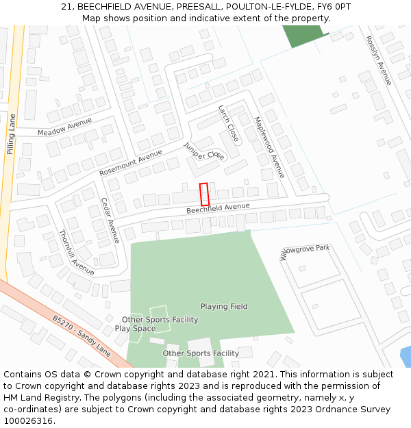 21, BEECHFIELD AVENUE, PREESALL, POULTON-LE-FYLDE, FY6 0PT: Location map and indicative extent of plot