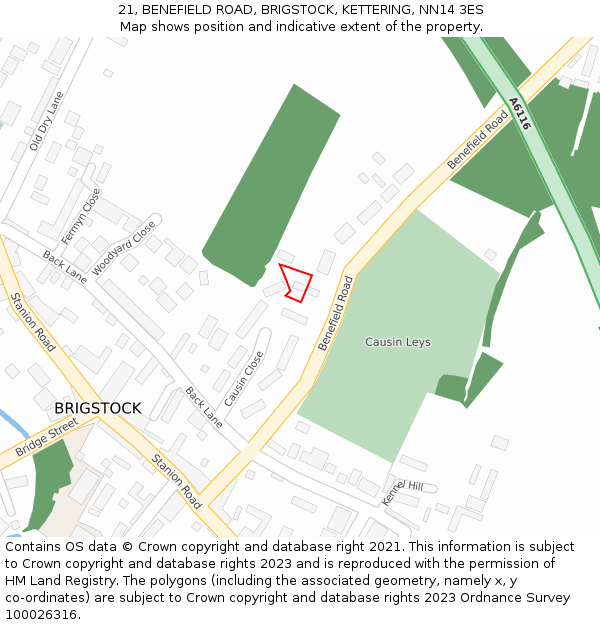 21, BENEFIELD ROAD, BRIGSTOCK, KETTERING, NN14 3ES: Location map and indicative extent of plot