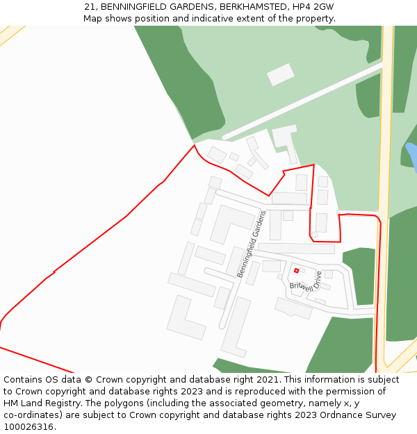 21, BENNINGFIELD GARDENS, BERKHAMSTED, HP4 2GW: Location map and indicative extent of plot