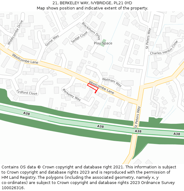 21, BERKELEY WAY, IVYBRIDGE, PL21 0YD: Location map and indicative extent of plot