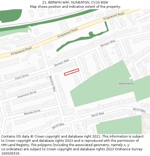 21, BERWYN WAY, NUNEATON, CV10 8QW: Location map and indicative extent of plot