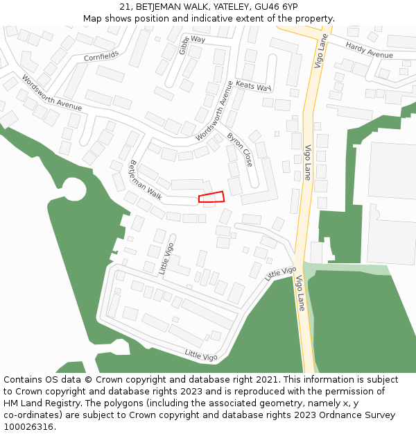 21, BETJEMAN WALK, YATELEY, GU46 6YP: Location map and indicative extent of plot