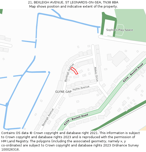 21, BEXLEIGH AVENUE, ST LEONARDS-ON-SEA, TN38 8BA: Location map and indicative extent of plot