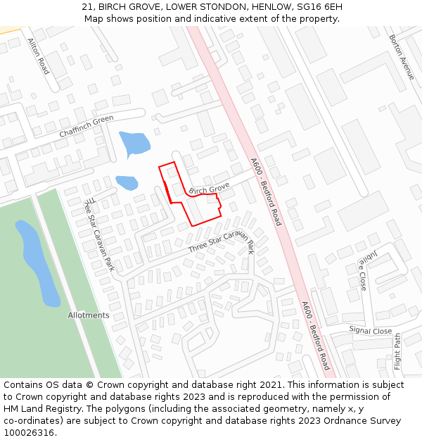 21, BIRCH GROVE, LOWER STONDON, HENLOW, SG16 6EH: Location map and indicative extent of plot