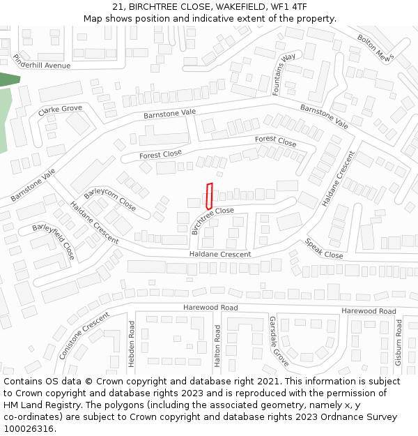 21, BIRCHTREE CLOSE, WAKEFIELD, WF1 4TF: Location map and indicative extent of plot