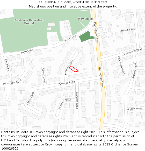 21, BIRKDALE CLOSE, WORTHING, BN13 2RD: Location map and indicative extent of plot