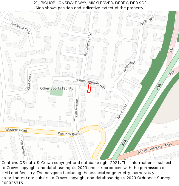 21, BISHOP LONSDALE WAY, MICKLEOVER, DERBY, DE3 9DF: Location map and indicative extent of plot