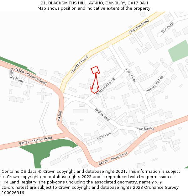 21, BLACKSMITHS HILL, AYNHO, BANBURY, OX17 3AH: Location map and indicative extent of plot