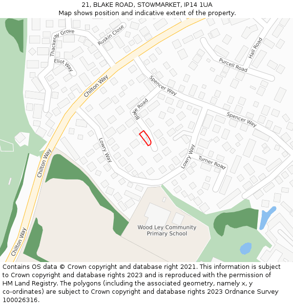 21, BLAKE ROAD, STOWMARKET, IP14 1UA: Location map and indicative extent of plot