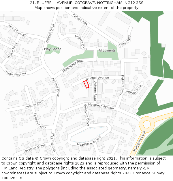 21, BLUEBELL AVENUE, COTGRAVE, NOTTINGHAM, NG12 3SS: Location map and indicative extent of plot