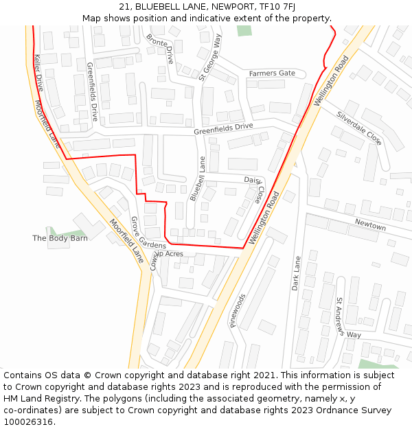 21, BLUEBELL LANE, NEWPORT, TF10 7FJ: Location map and indicative extent of plot