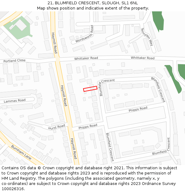 21, BLUMFIELD CRESCENT, SLOUGH, SL1 6NL: Location map and indicative extent of plot