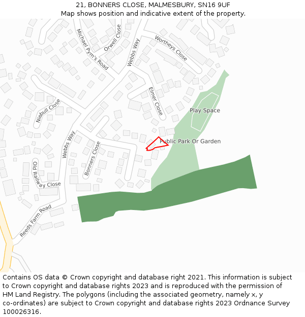 21, BONNERS CLOSE, MALMESBURY, SN16 9UF: Location map and indicative extent of plot