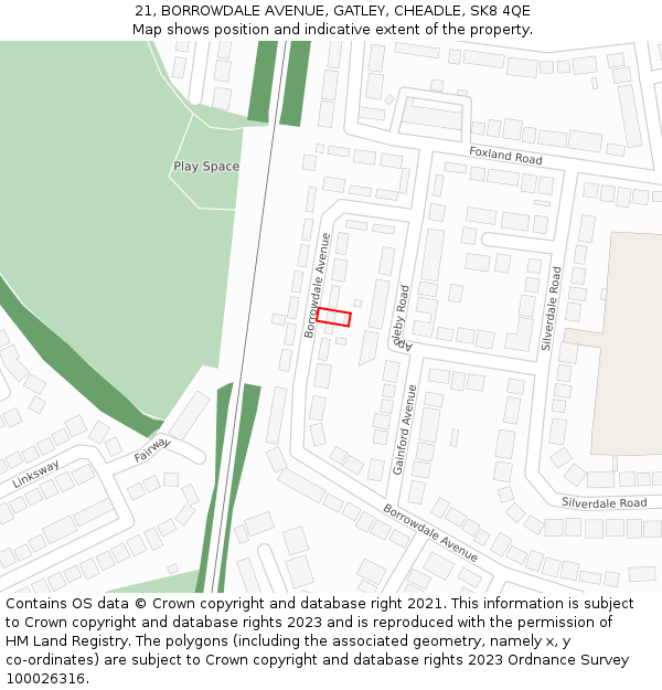 21, BORROWDALE AVENUE, GATLEY, CHEADLE, SK8 4QE: Location map and indicative extent of plot