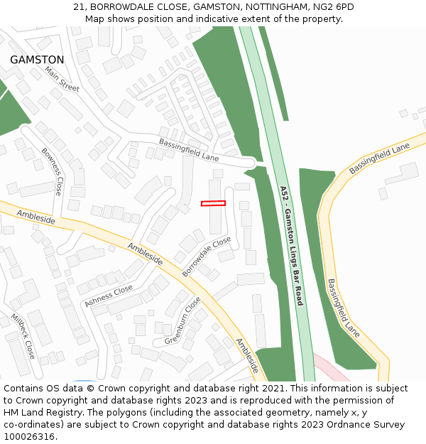 21, BORROWDALE CLOSE, GAMSTON, NOTTINGHAM, NG2 6PD: Location map and indicative extent of plot