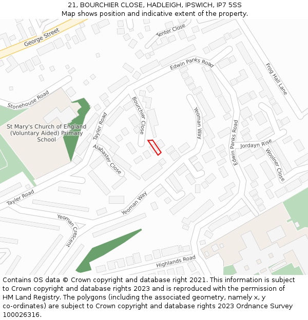 21, BOURCHIER CLOSE, HADLEIGH, IPSWICH, IP7 5SS: Location map and indicative extent of plot