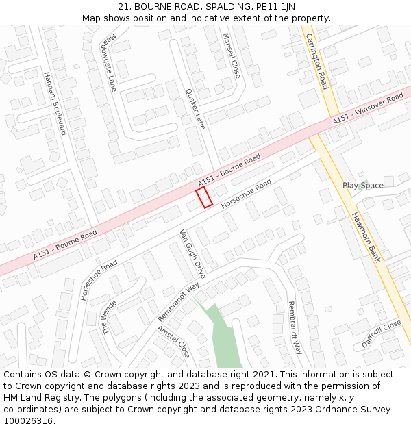 21, BOURNE ROAD, SPALDING, PE11 1JN: Location map and indicative extent of plot