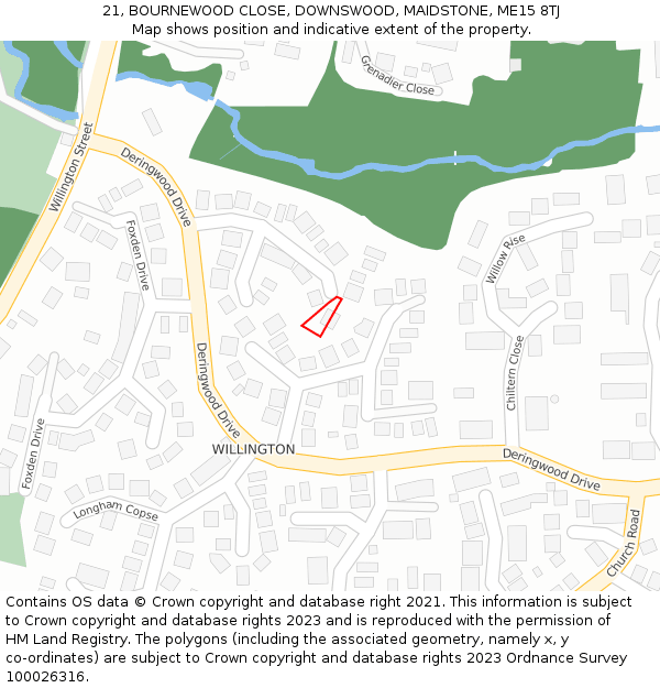 21, BOURNEWOOD CLOSE, DOWNSWOOD, MAIDSTONE, ME15 8TJ: Location map and indicative extent of plot