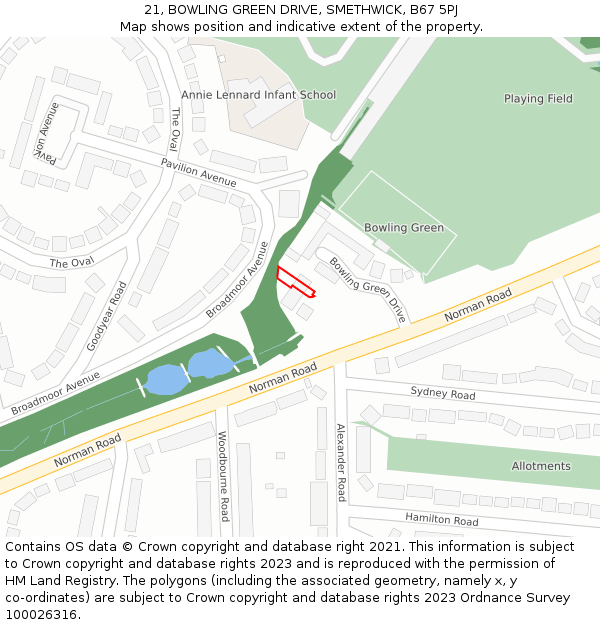 21, BOWLING GREEN DRIVE, SMETHWICK, B67 5PJ: Location map and indicative extent of plot