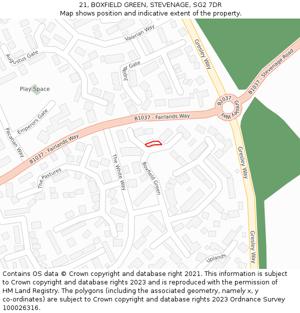 21, BOXFIELD GREEN, STEVENAGE, SG2 7DR: Location map and indicative extent of plot