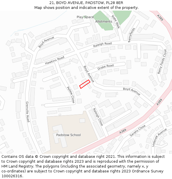 21, BOYD AVENUE, PADSTOW, PL28 8ER: Location map and indicative extent of plot