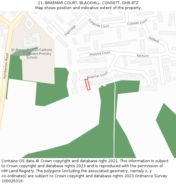 21, BRAEMAR COURT, BLACKHILL, CONSETT, DH8 8TZ: Location map and indicative extent of plot