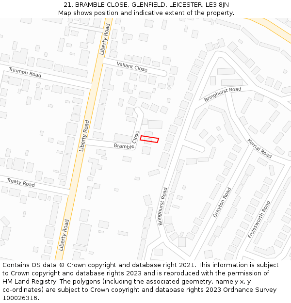 21, BRAMBLE CLOSE, GLENFIELD, LEICESTER, LE3 8JN: Location map and indicative extent of plot