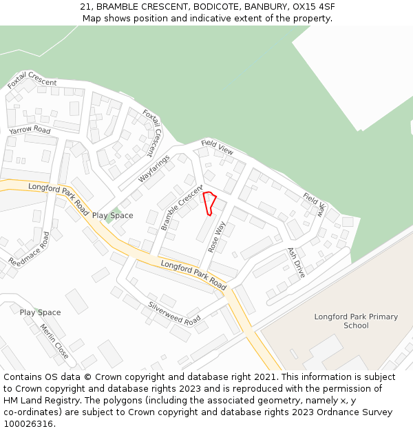 21, BRAMBLE CRESCENT, BODICOTE, BANBURY, OX15 4SF: Location map and indicative extent of plot